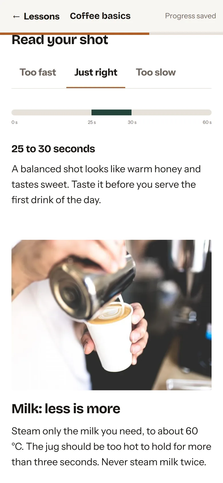 Interactive screen: read your shot, too fast, just right or too slow