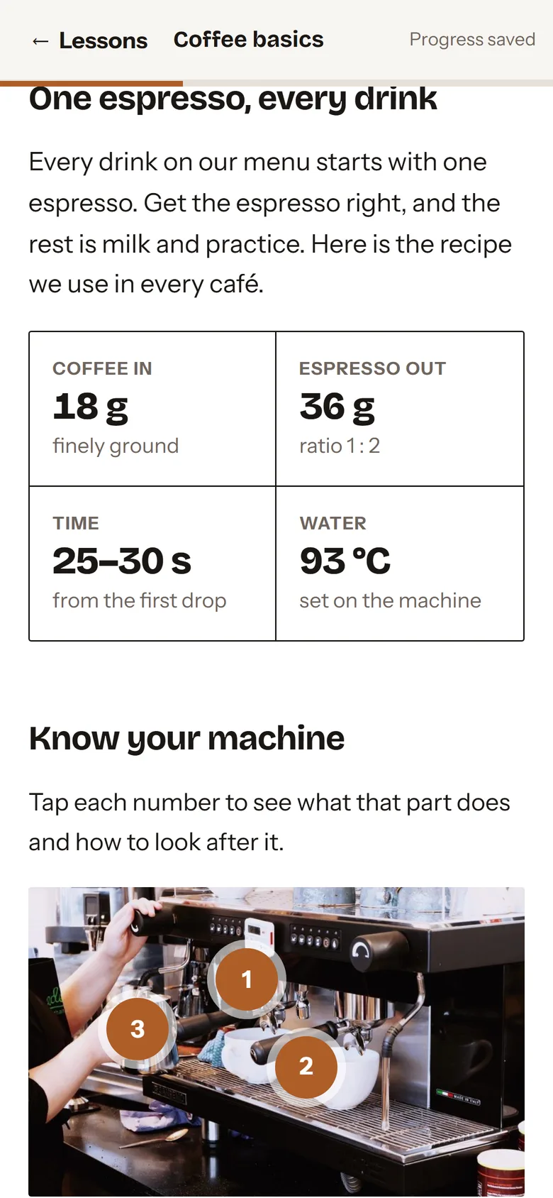 Lesson screen with the espresso recipe: 18 g in, 36 g out, 25–30 seconds, 93 °C